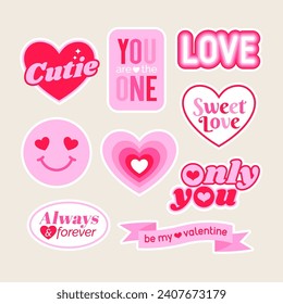 Set of cute pink stickers and badges design for valentine’s day.