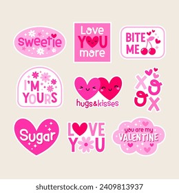 Set of cute pink stickers and badges design for valentine’s day.