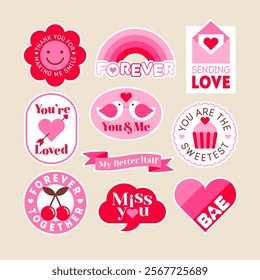 Set of cute pink stickers for valentine’s day. Love concept quotes with typography design.