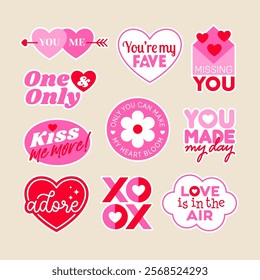 Set of cute pink stickers for valentine’s day. Love concept quotes with typography design.	