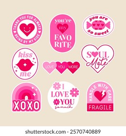 Set of cute pink stickers for valentine’s day. Love concept quotes with typography design.	