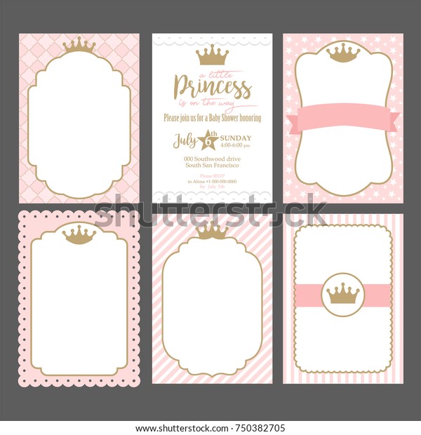 A set\
of cute pink templates for invitations. Vintage gold frame with\
crown. A little princess party. Baby shower, wedding, girl birthday\
invite card. Can be used for printing in A5\
paper.