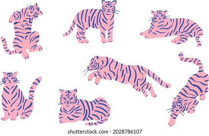 Set of cute pink tiger illustration in different poses. The tiger stands, lies, goes, hunts. Big cats. Predatory mammals.