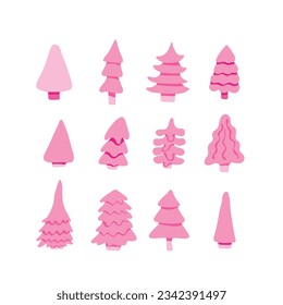 Montaje de bonitos árboles rosados con copos de nieve para diseños de Año Nuevo y Navidad. Feliz año nuevo. Ilustración vectorial. Destituido A Mano. Diseño plano.