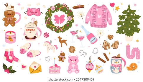 Set of cute Pink trendy elements for Christmas party.  Set of elements with gingerbread, cocoa, mugs, warm knitted sweater, fur tree, wreaths, champagne. Hand drawn style. Vector flat illustration 