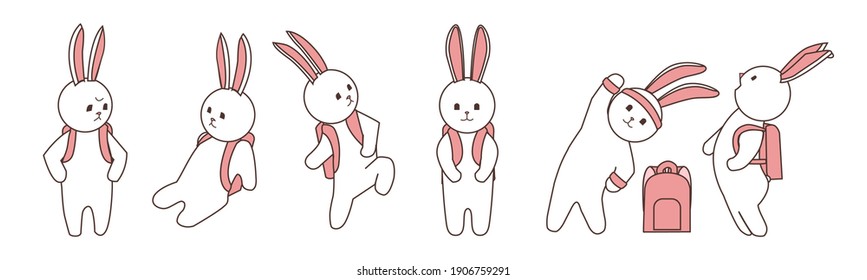 Set of cute pink vector bunnies. Hand drawn cartoon bunny with backpack in school. Cute character design. Rabbit schoolbgirl in funny poses . Doodle style funny icon. Simple line stickers