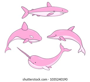 Set cute pink vector underwater life and whale  shark  narwhal   dolphin  Sea creatures isolated the white background 