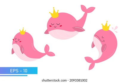 Set of cute pink whale in delicate pink colors and a golden crown on his head. Proud and sweet. Vector illustration.