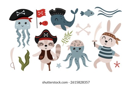 Set with cute pirate animals, pirates objects, ocean elements. Summer hand drawn vector illustration in flat style	

