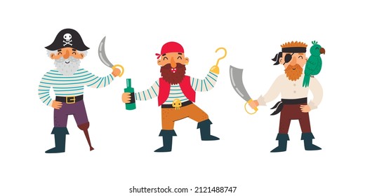 A set of cute pirates. Vector illustration.