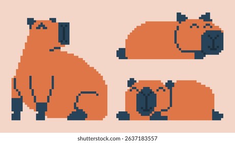 Set of cute pixel art capybaras in various poses. Vintage video game graphics or retro web design elements. Cute 8-bit animal sprites