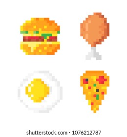 Set of cute pixel art food icons: hamburger, pizza, scrambled eggs and chicken leg. Food icons. Isolated pixel art vector illustration on white background.