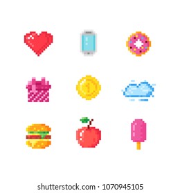 Set of cute pixel art icons. 8-bit icons. Isolated pixel art vector illustration on white background. 