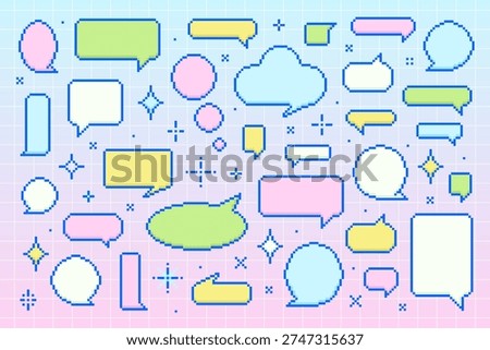 Set of cute pixel art speech bubbles and chat clouds on grid background. Retro aesthetic for game UI, stickers, and social media messaging design. Y2K bundle with vintage elements.