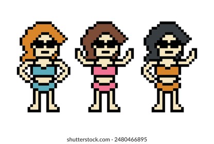 Set of cute pixel cartoon 8bit character woman bikini or swimming suit game summer beach vacation for decoration lifestyle female bikini cartoon 8 bit holiday relax pixel art vector.