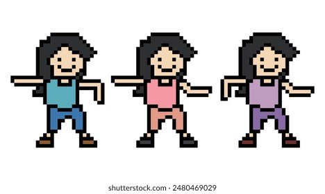Set of cute pixel cartoon 8bit character woman exercises training dance lifestyle decoration life style 8 bit female girl dance with music game fitness isolated vector.