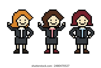 Set of cute pixel cartoon 8bit character business woman businesswoman smart game girl for decoration business 8 bit female career smart character game vector.