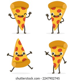 Set of Cute Pizza Cartoon Food Characters isolated on white.