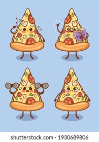 Conjunto de lindas porciones de pizza toda expresión. caricatura
