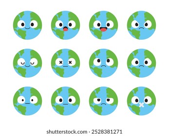 Set of cute planet earth cartoon characters. Flat design illustration.
