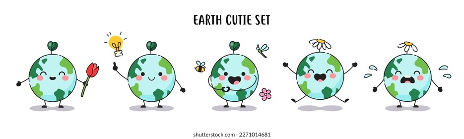 Set of cute planet Earth characters. Cartoon planet Earth sticker collection. Earth cuties with flower, plant, heart symbol, smile and sad emotion.