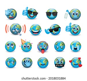 Set of cute planet Earth emoticons, emoji - isolated vector illustration