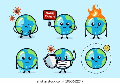 Set of cute planet earth with various environment issue mascot design illustration
