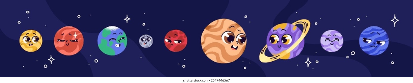 Set of cute planet of solar system with faces. Row of happy globes in space: Mercury, Venus, Earth, moon, Mars, Jupiter, Saturn, Neptune. Funny universe, cosmos. Flat isolated vector illustrations