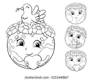 Set Of Cute Planets For Earth Day. Coloring Book Page For Kids. Cartoon Style Character. Vector Illustration Isolated On White Background.