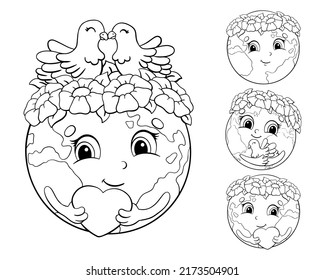 Set Of Cute Planets For Earth Day. Coloring Book Page For Kids. Cartoon Style Character. Vector Illustration Isolated On White Background.