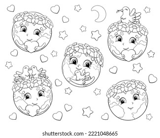 Set Of Cute Planets For Earth Day. Coloring Book Page For Kids. Cartoon Style Character. Vector Illustration Isolated On White Background.