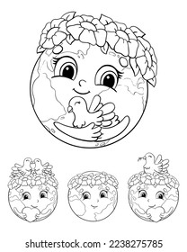 Set of cute planets for Earth Day. Coloring book page for kids. Cartoon style character. Vector illustration isolated on white background.