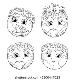 Set of cute planets for Earth Day. Coloring book page for kids. Cartoon style character. Vector illustration isolated on white background.