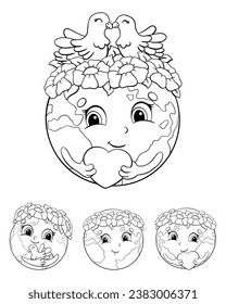 Set of cute planets for Earth Day. Coloring book page for kids. Cartoon style character. Vector illustration isolated on white background.