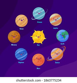 Set süße Planeten des Sonnensystems im Cartoon-Stil. Vektorfarbige Illustration im flachen Stil mit Textur.