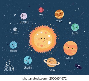 Set of cute planets. Solar system with cute cartoon planets.Funny universe for kids,sun, pluto, mars, mercury, earth, venus, jupiter, saturn,uranus,neptune. Vector illustration in dark background