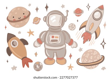 Set of cute planets, stars, rocket and astronaut isolated on white background. Baby kids boho design