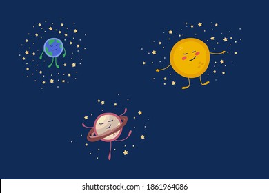 Set of Cute planets and stars of the solar system. Cartoon universe in a circle of stars for children: Sun, Earth, Jupiter. Children's space drawings of planets for children's textile design. Isolated