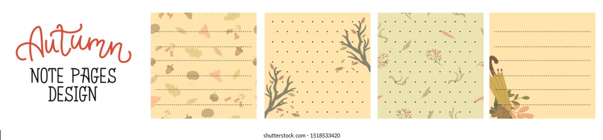 Set of cute planner note pages design decorated with natural elements. Vector isolated graphic design illustrations. Planner, organizer, notepad, reminder, notepaper, notebook, diary, forest, park.
