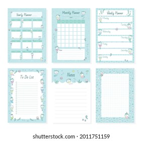 Set of cute planner page templates. Kawaii yearly, monthly, weekly and daily organizers with little mermaid kittens and sea creatures. Vector 10 ESP.