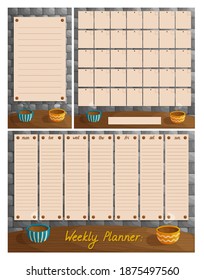 Set of cute planner templates: to do list, weekly planner and monthly planner. Medieval interior with colorful mugs. Grid for notes. Flat style illustration.