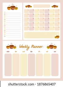 Set of cute planner templates: to do list, weekly and monthly planner. Colorful mugs with hot drinks. Hand drawn lettering. Grid for notes. Flat style illustration.