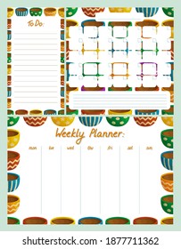 Set of cute planner templates: to do list, weekly and monthly planner. Pattern with colorful mugs with hot drinks. Hand drawn lettering. Grid for notes. Flat style illustration.