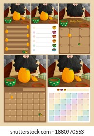 Set of cute planner templates: to do list, weekly and monthly planner. Bearded man at the table with hot drinks. Dragon birth from the cracked egg. Grid for notes. Flat style illustration.