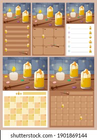 Set of cute planner templates. Grid for notes. Stone wall and wooden table with glasses of butter beer, a candle and magic wands in the background. Flat style illustration.