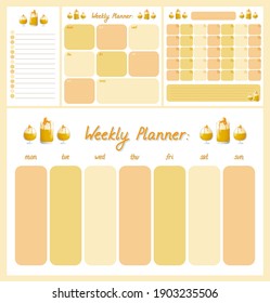 Set of cute planner templates. Grid for notes. To do list, monthly and weekly planners. Butter beer glasses in the white background. Flat style illustration.