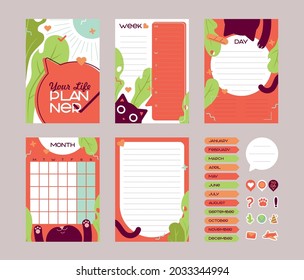 Eine Reihe von Cute Planer Ihres Lebens mit Aufklebern. Cover, Woche, Tag, Monat, für Notizen mit Blättern und eine lustige Katze. Aufkleber für Notizen und Erinnerungen.