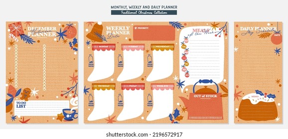 Set of cute planners with Christmas traditional illustrations. Template for planners. Isolated vector background