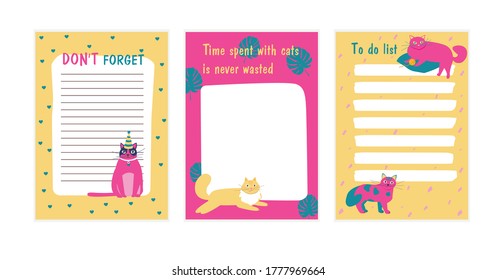 Set of cute planners. Colorful to do list, reminder and blank template decorated by funny cats. Paper sheet. flat vector illustration.