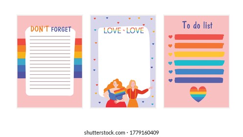 Conjunto de adorables planificadores. Colorida lista, recordatorio y plantilla en blanco decorada con símbolos LGBT. Hoja de papel. ilustración vectorial plana.